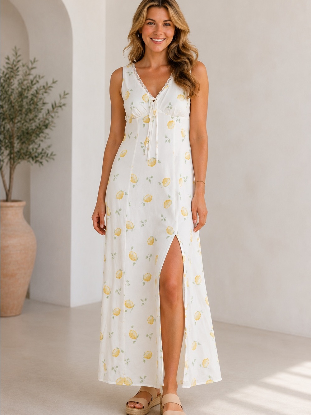 Lemon Print White Maxi Sundress Cottagecore Slit Sleeveless Dress Rayon Linen LG